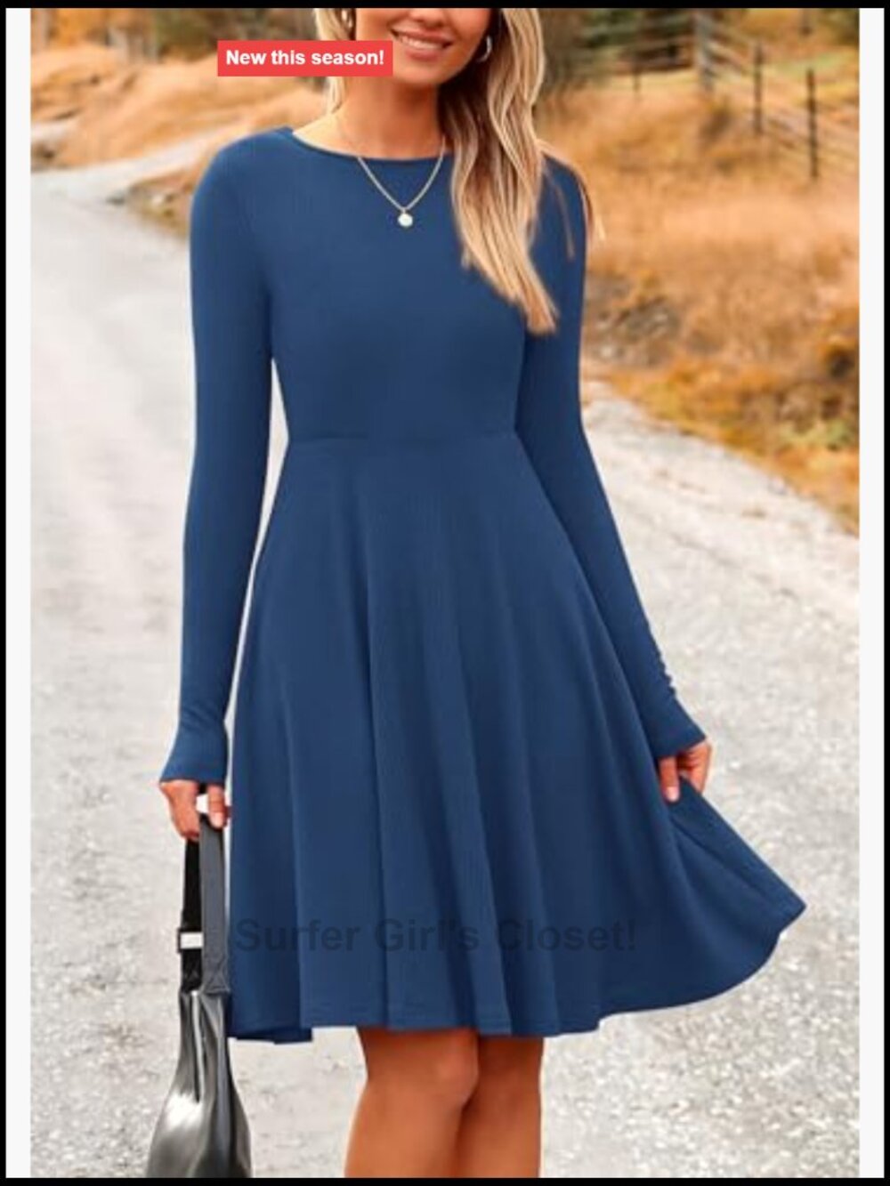 Ribbed Knit A-Line Mini Dress Long Sleeve Crewneck Flowy Casual - Picture 3 of 7